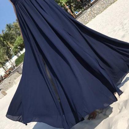 V neck Chiffon Long Dresses with Straps Blue main image 1