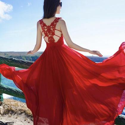 Red V Neck Chiffon Lace Long Dress