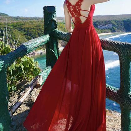 Red V Neck Chiffon Lace Long Dress