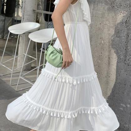 White V Neck Fringed Dress Fashion Girl Dress