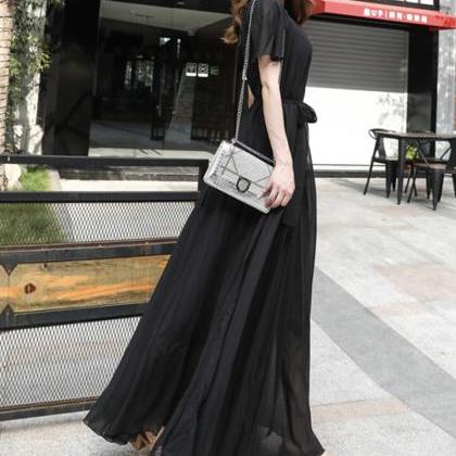 Black Chiffon Long Dress Women's..