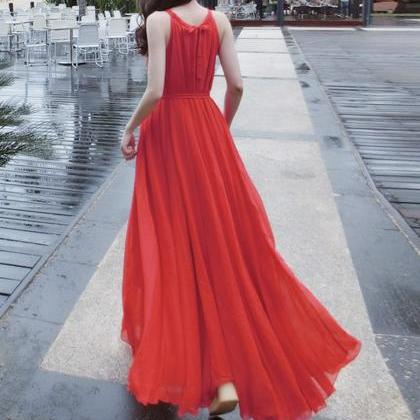 Red Chiffon Long Dress Women's Dress
