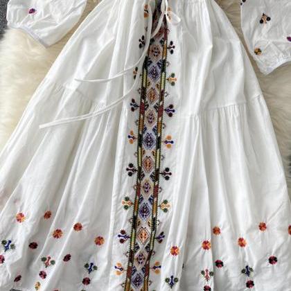 A Line V Neck Embroidery Long Sleeve Dress