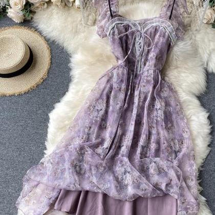 Purple Print Sleeveless Short Dress..