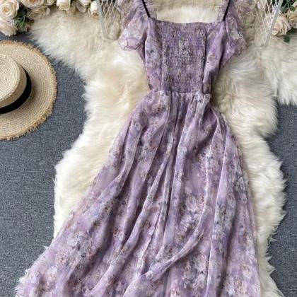 Purple Print Sleeveless Short Dress..
