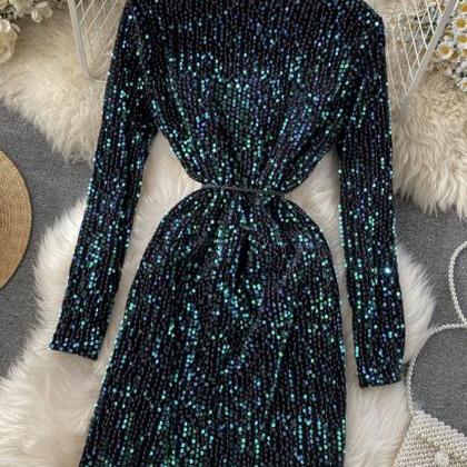 Shiny sequined long-sleeved bag hip..