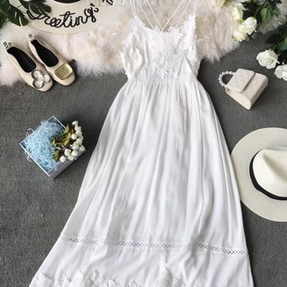 White Lace Applique Backless Dress Fashion Girl..