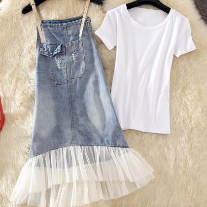 Simple White T-shirt+ Denim Suspender Skirt