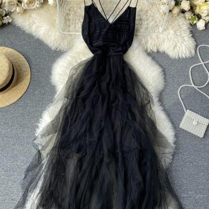 Black V Neck Tulle Dress Fashion Dress