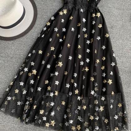 Black V Neck Tulle Lace Dress With Stars Sequins