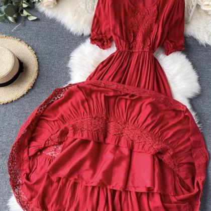 A Line Round Neck Lace Dress Red/white Dress