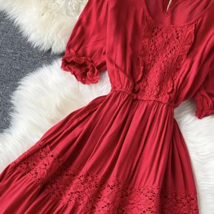A Line Round Neck Lace Dress Red/white Dress