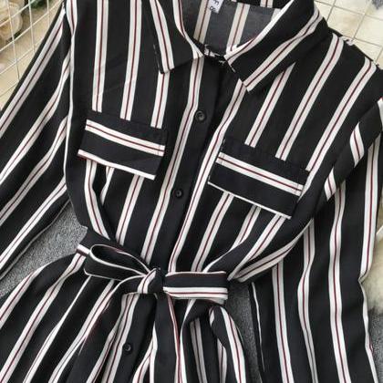 Retro striped slim dress long sleev..