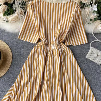 Stylish V Neck Striped Dress Short Sleeve Dress