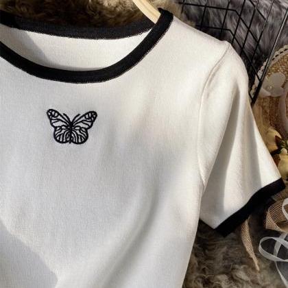 Butterfly Embroidery Contrast Color Short-sleeved..