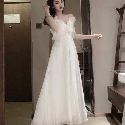 White A Line V Neck Tulle Dress Fashion Dress
