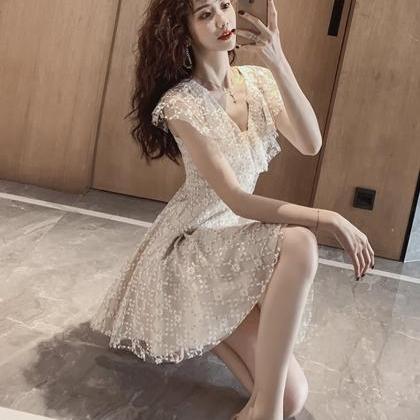 Cute V Neck Lace Short Dress Fashion Dress