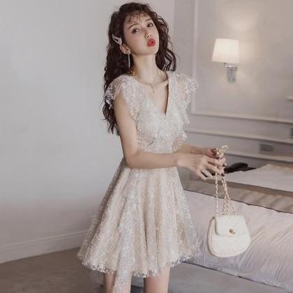 Cute V Neck Lace Short Dress Fashion Dress