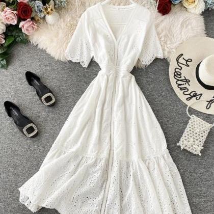 White V Neck Short Sleeve Dress Fashion Dress