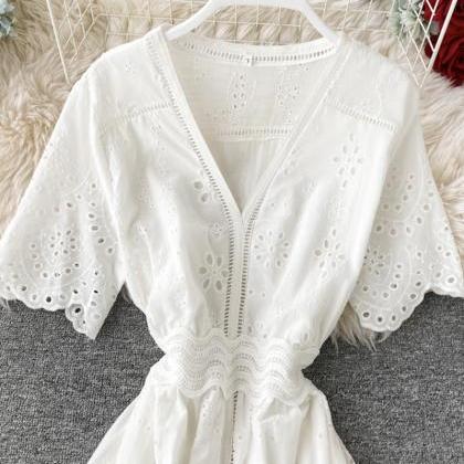 White V Neck Short Sleeve Dress Fashion Dress