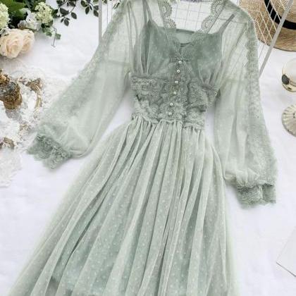 A Line Tulle Lace Long Sleeve Dress Fashion Dress