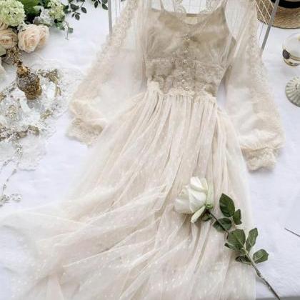A Line Tulle Lace Long Sleeve Dress Fashion Dress