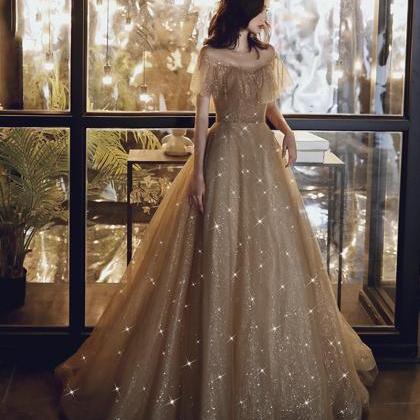 Gold Sequins Long Prom Dress Evening Dress