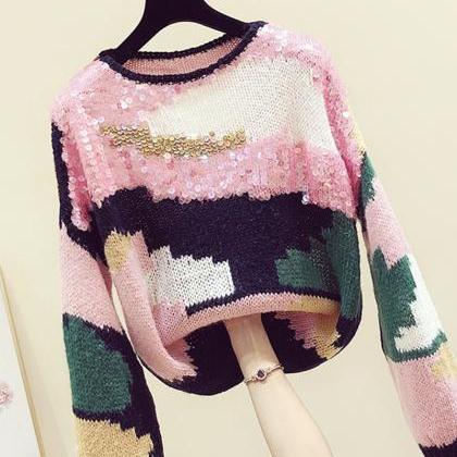 Cute Colorful Long Sleeve Sweater Round Neck..