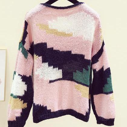 Cute Colorful Long Sleeve Sweater Round Neck..