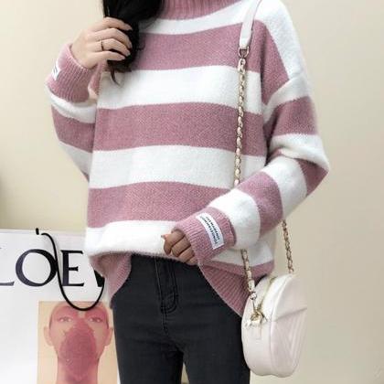 Striped Long-sleeved Sweater Turtleneck Sweater