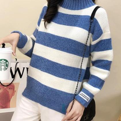 Striped Long-sleeved Sweater Turtleneck Sweater