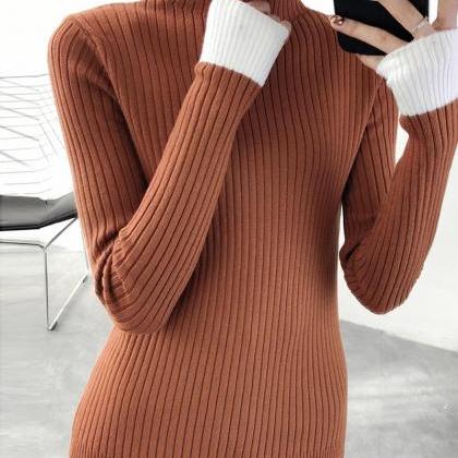 Crew Neck Long Sleeves Slim Fit Pullover Sweater