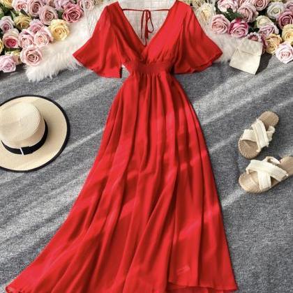 Red V Neck Short Sleeves Chiffon Dress Fashion..