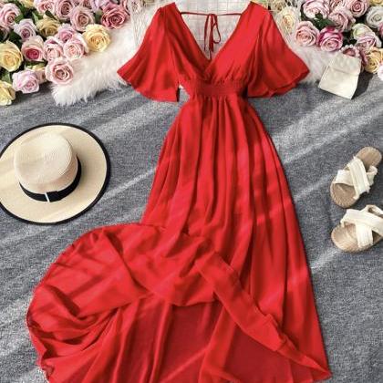 Red V Neck Short Sleeves Chiffon Dress Fashion..