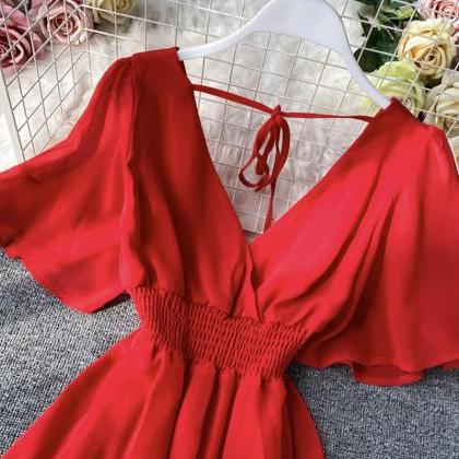 Red V Neck Chiffon Dress Fashion Dress