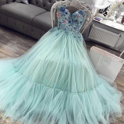 Green Tulle Lace Long Prom Dress Sweetheart Neck..
