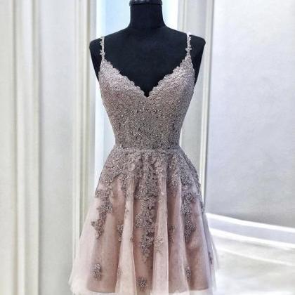 Cute V Neck Lace Short Prom Dress Homecoming Dress
