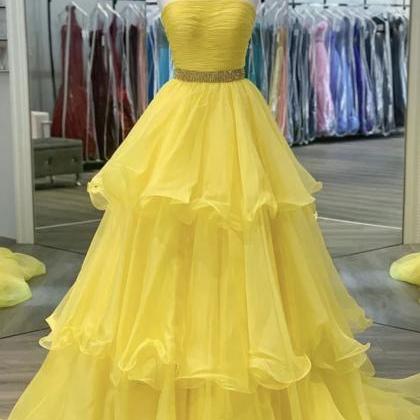 Yellow Tulle Long Strapless Prom Dress Yellow..