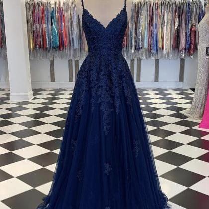 Blue V Neck Tulle Lace Long Prom Dress Evening..
