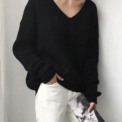 Simple V Neck Neck Sweater Long Sleeve Sweater