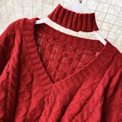 Cute V Neck Long Sleeve Sweater