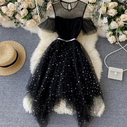 Black Irregular Short Tulle Dress With Mesh..