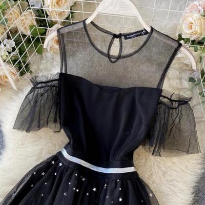 Black Irregular Short Tulle Dress With Mesh..