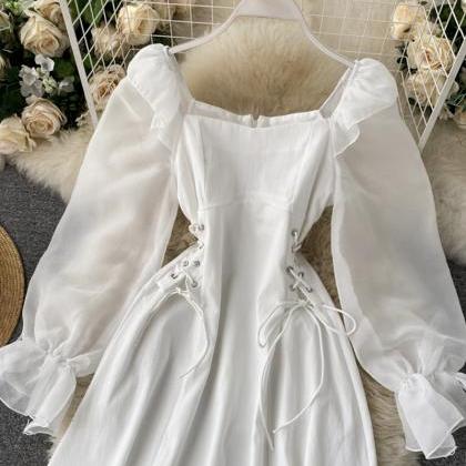 Cute A Line Short Dress Long Sleeve Waist Dress