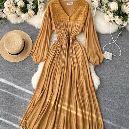 Vintage V Neck Pleated Dress Long Sleeve Dress