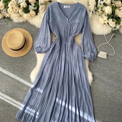 Vintage V Neck Pleated Dress Long Sleeve Dress
