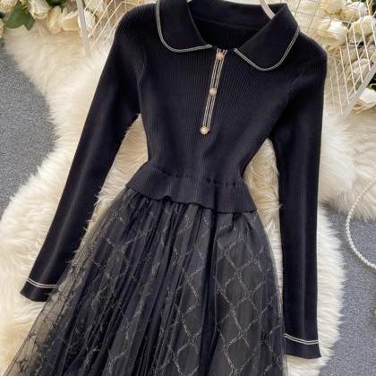 Elegant Knitted Tulle Splicing Dress