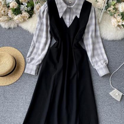 Two-piece Sets Plaid Shirt + Sleeveless Vest Dress