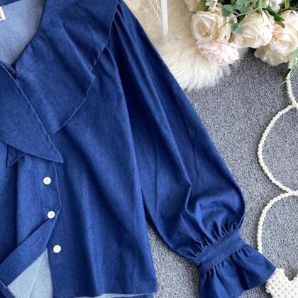 Sweet Denim Long-sleeved Top Cute Blue Lapel Top