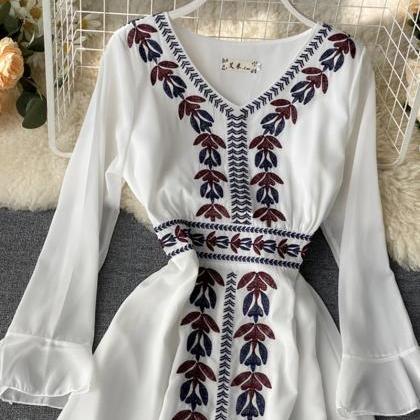 Stylish A Line Embroidery Dress V Neck Chiffon..